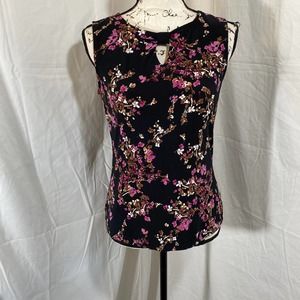 Nine West Scooped Neck Key Hole Front Sleeveless Floral Pattern Blouse Sz XS